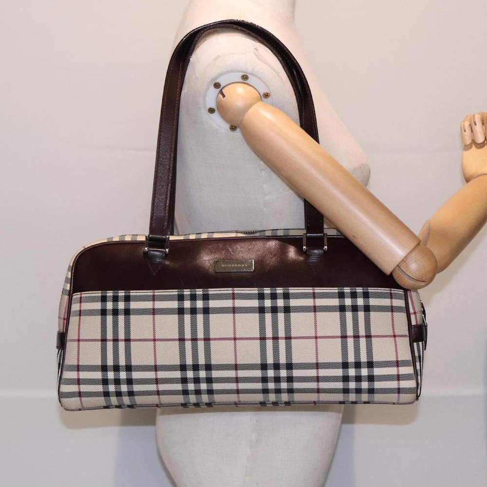 BURBERRY Classic House Check Canvas and Leather Boston Shoulder Bag Hand Bag COA